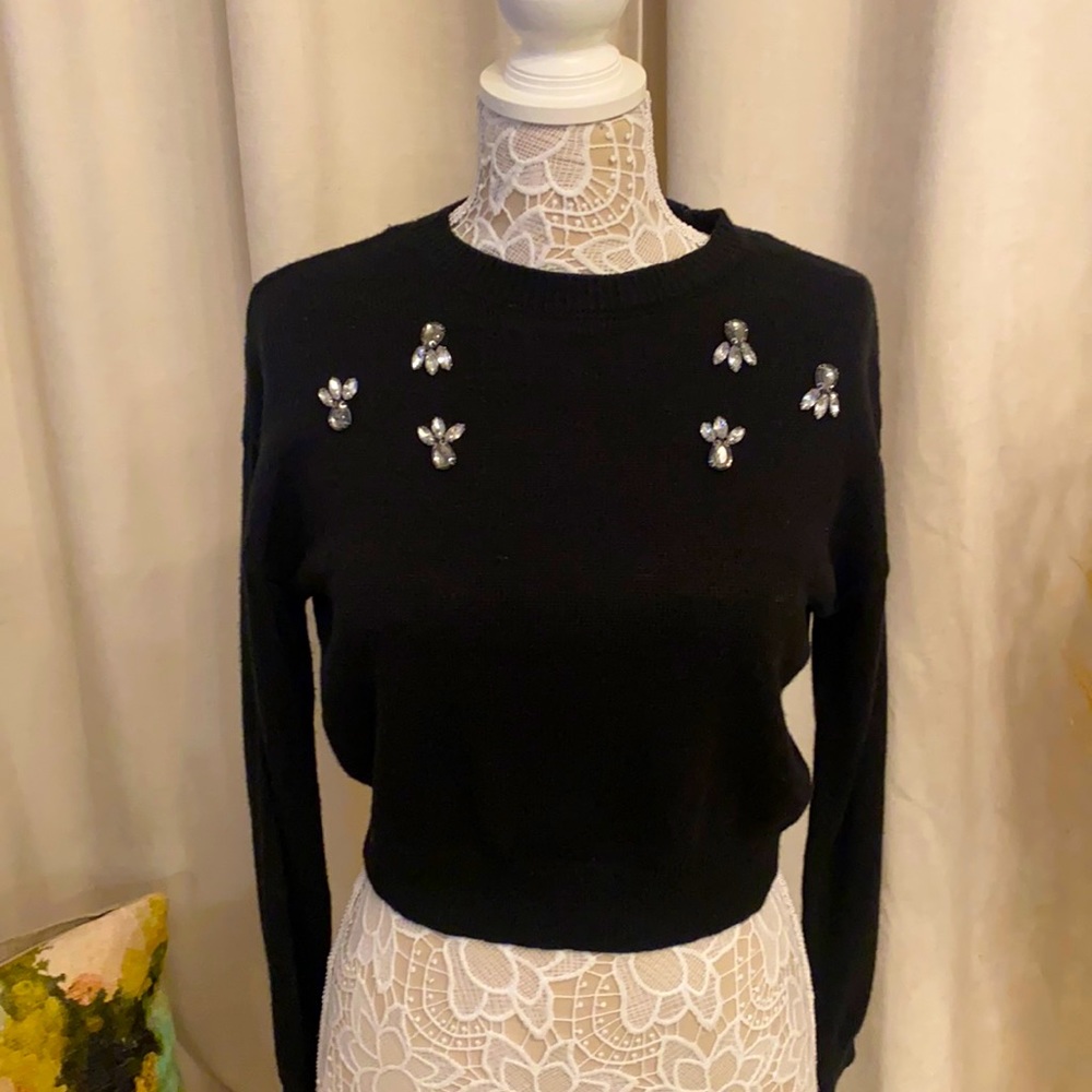 H&M black jeweled cropped knit sweater top size XS